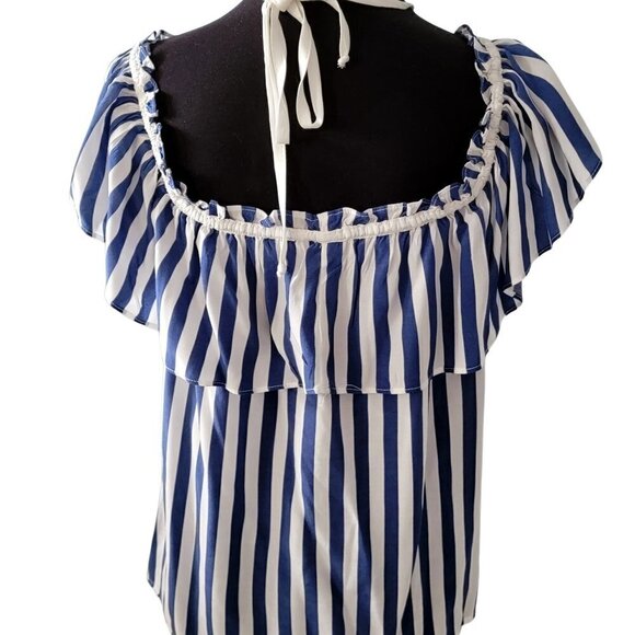 ❤️ Anthropologie Larke Blue white Stripe Emilie Off the shoulder Blouse Top ❤️ - Picture 3 of 8